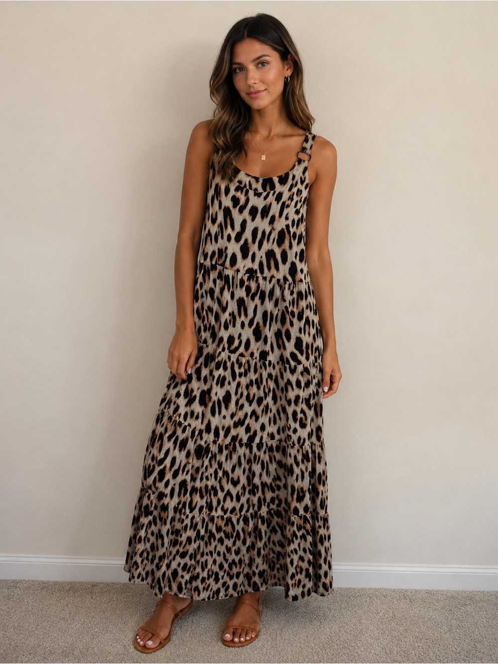 INC International Concepts Leopard Tiered Maxi Dress in Beige and Black
